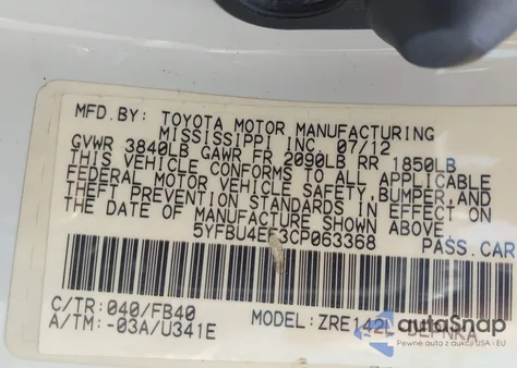 2012 Toyota Corolla Le from USA, damaged, VIN 5YFBU4EE3CP063368